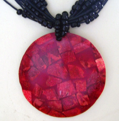 red coral mosaic necklace with bead